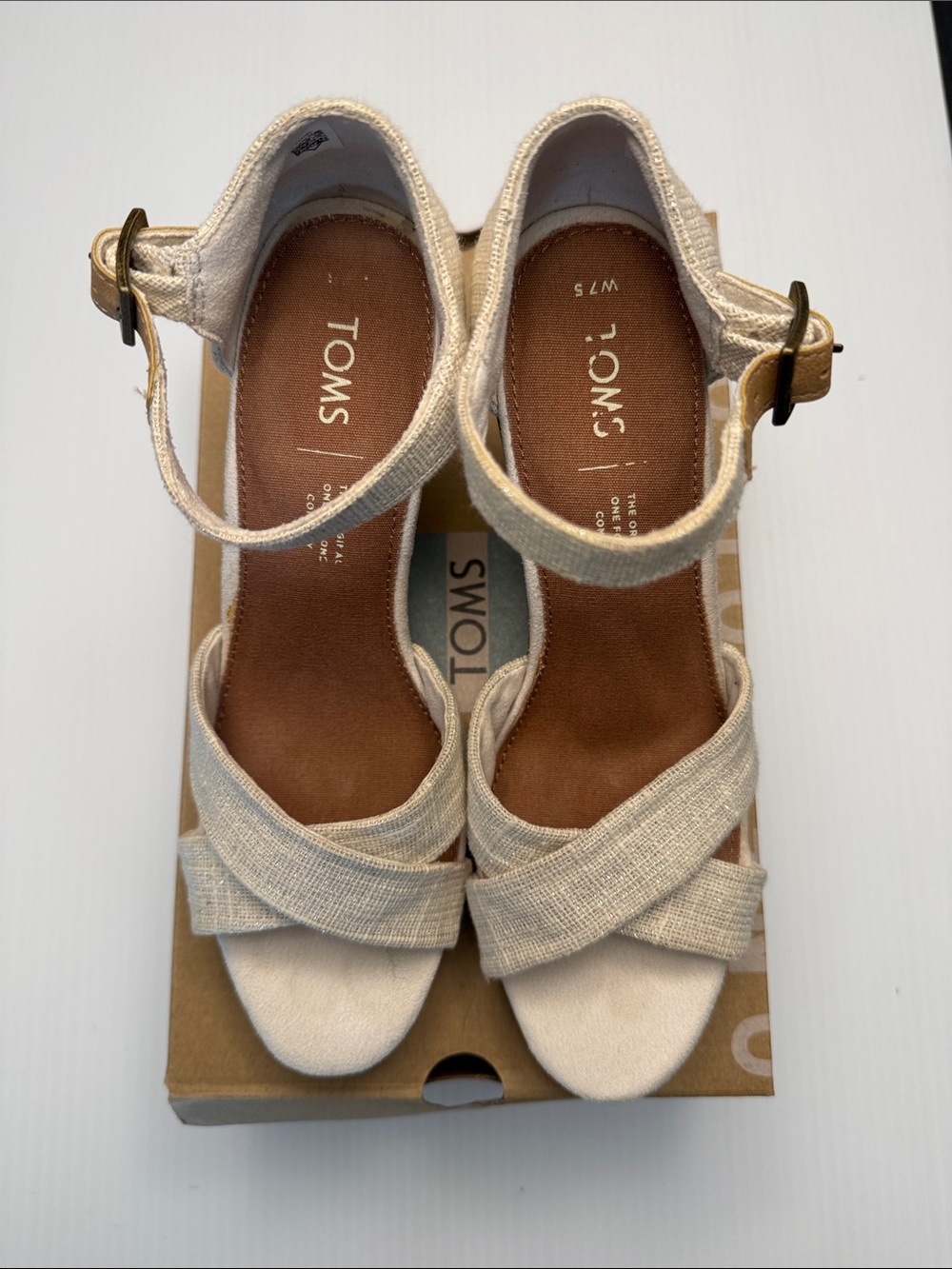 TOMS Sienna Natural Metallic Slubby Woven Cork Wedge Sandals - Picture 3 of 10